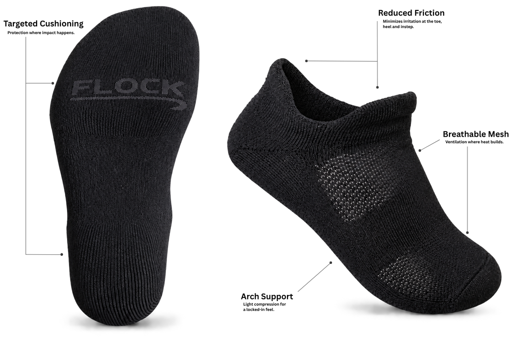 FLOCK merino wool training sock features and construction