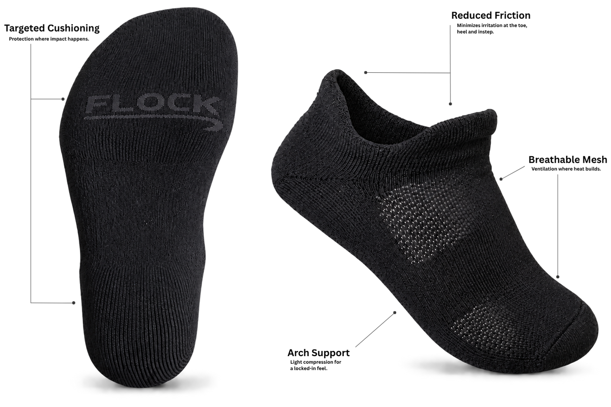 FLOCK merino wool training sock features and construction