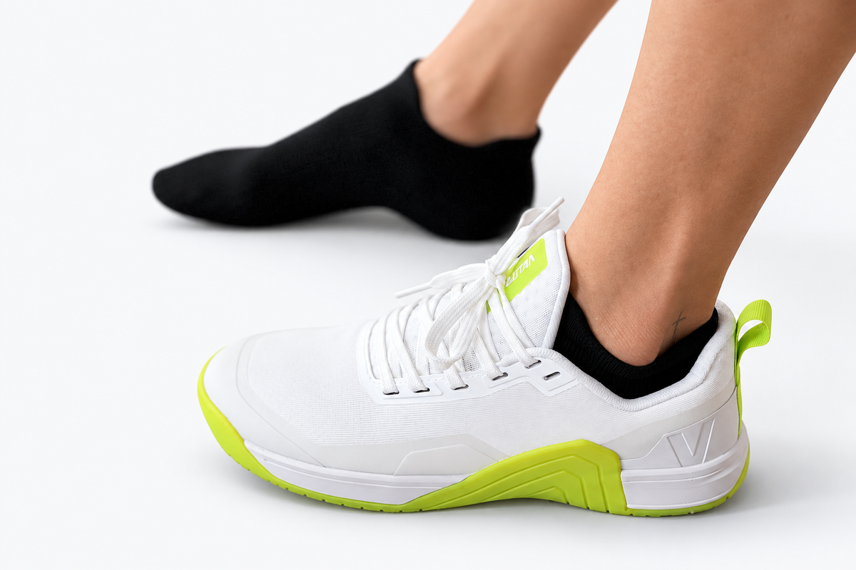 FLOCK no-show merino training socks worn with training shoes